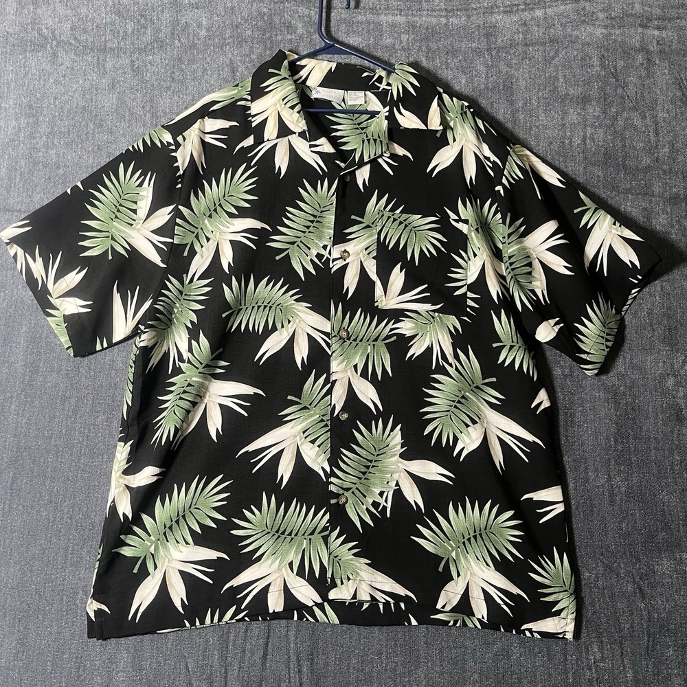 Island Shores Hawaiian Shirt Mens XL Black White Green Palm Leaf Camp Aloha